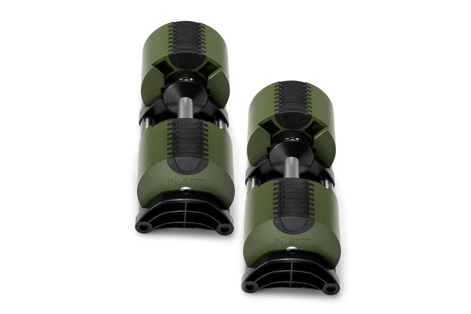 Pair of Nüobell adjustable dumbbells with olive green and black rubber exterior, metal handles, and black base on white backg