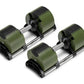 Pair of NÜOBELL 80lb adjustable dumbbells with olive green plates, black adjustment mechanism, silver handles, and black base