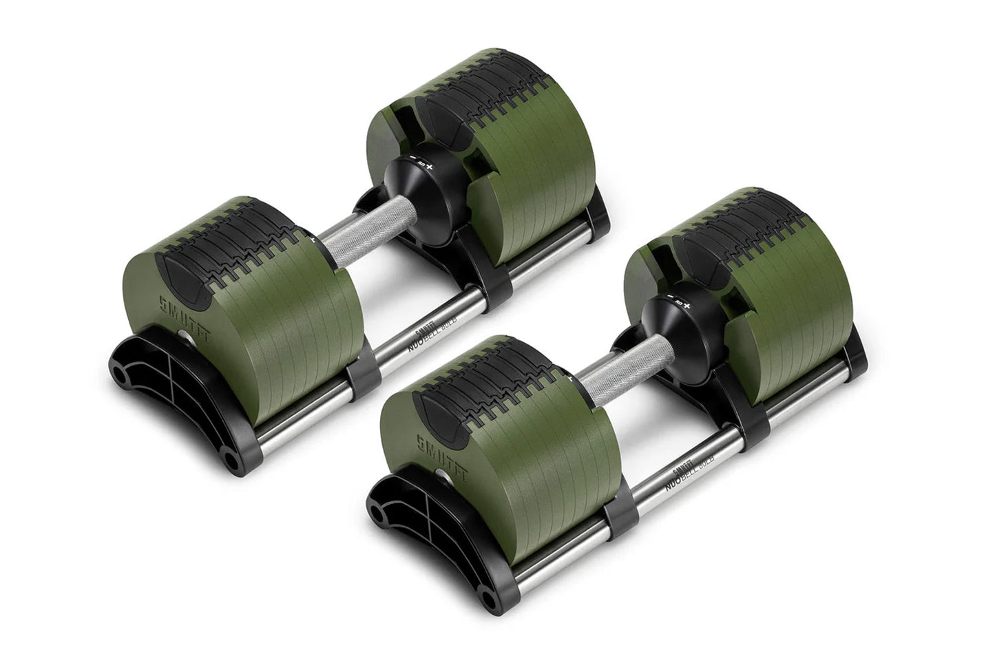 Pair of NÜOBELL 80lb adjustable dumbbells with olive green plates, black adjustment mechanism, silver handles, and black base