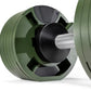 Nüobell 80lb adjustable dumbbells in sage green with black metal core and white grip handle, shown in flat lay on white backg