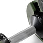 Pair of black and gray adjustable dumbbells with green handle grips and numbered weight markings on white background