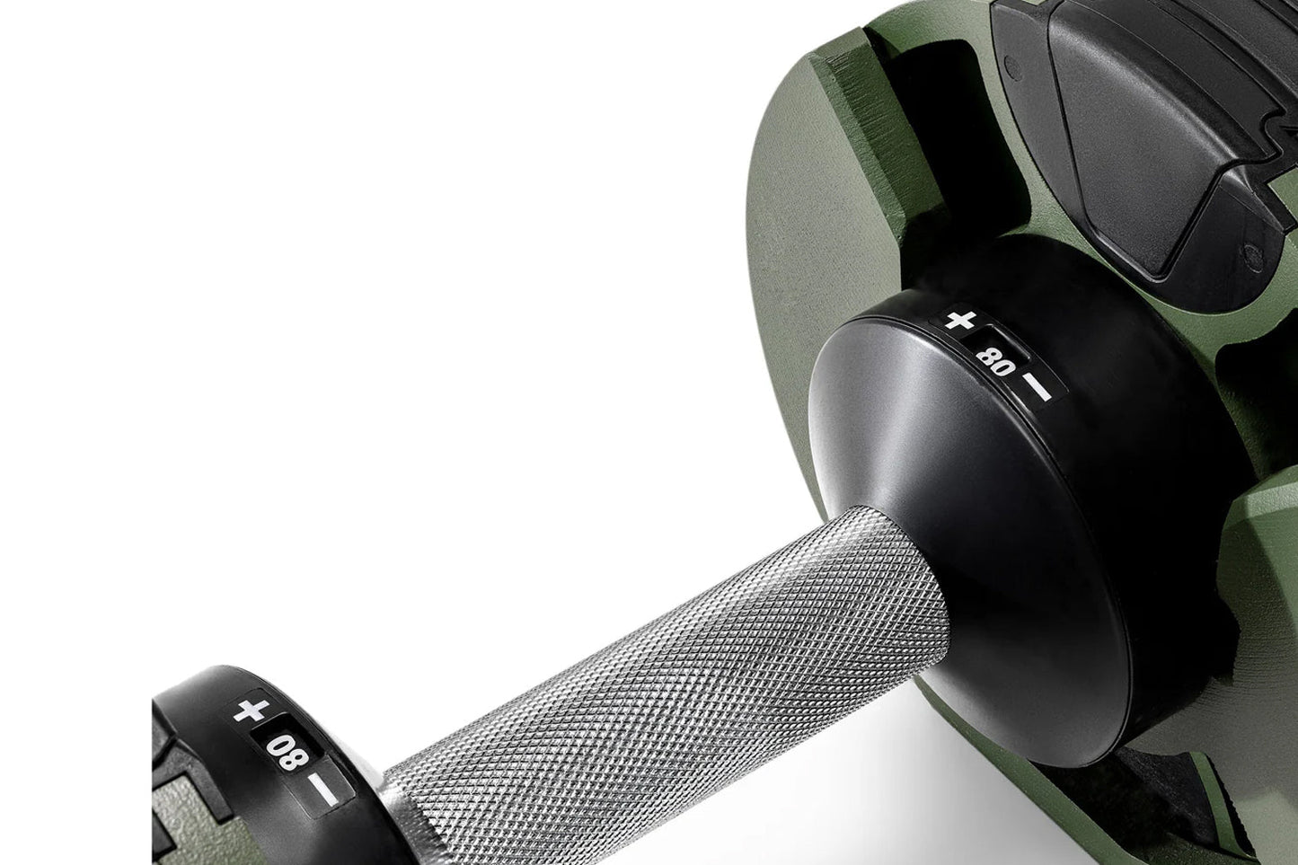 Pair of black and gray adjustable dumbbells with green handle grips and numbered weight markings on white background