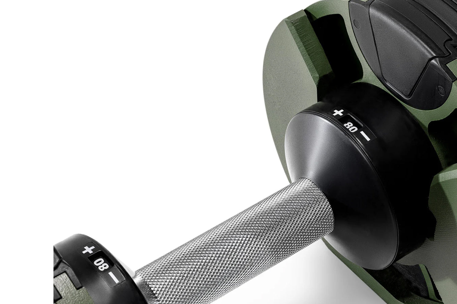 Pair of black and gray adjustable dumbbells with green handle grips and numbered weight markings on white background