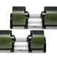 Pair of adjustable dumbbells with olive green and black weight plates, chrome handle, shown from side view on white backgroun