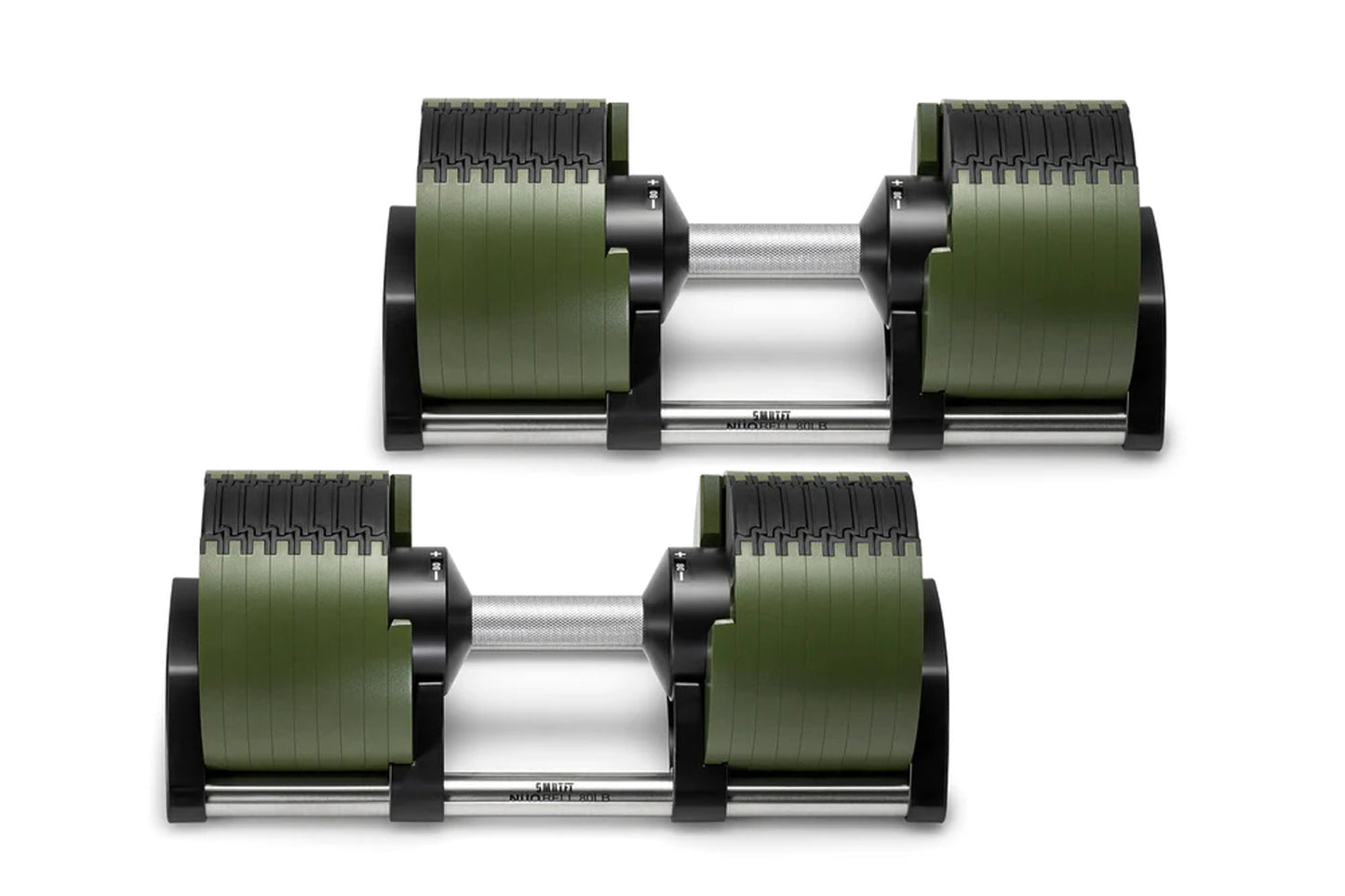 Pair of adjustable dumbbells with olive green and black weight plates, chrome handle, shown from side view on white backgroun