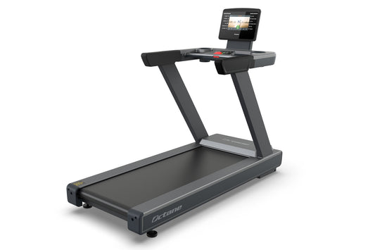 Black and gray Octane OC100 treadmill with 10" touch console display and control panel on white background