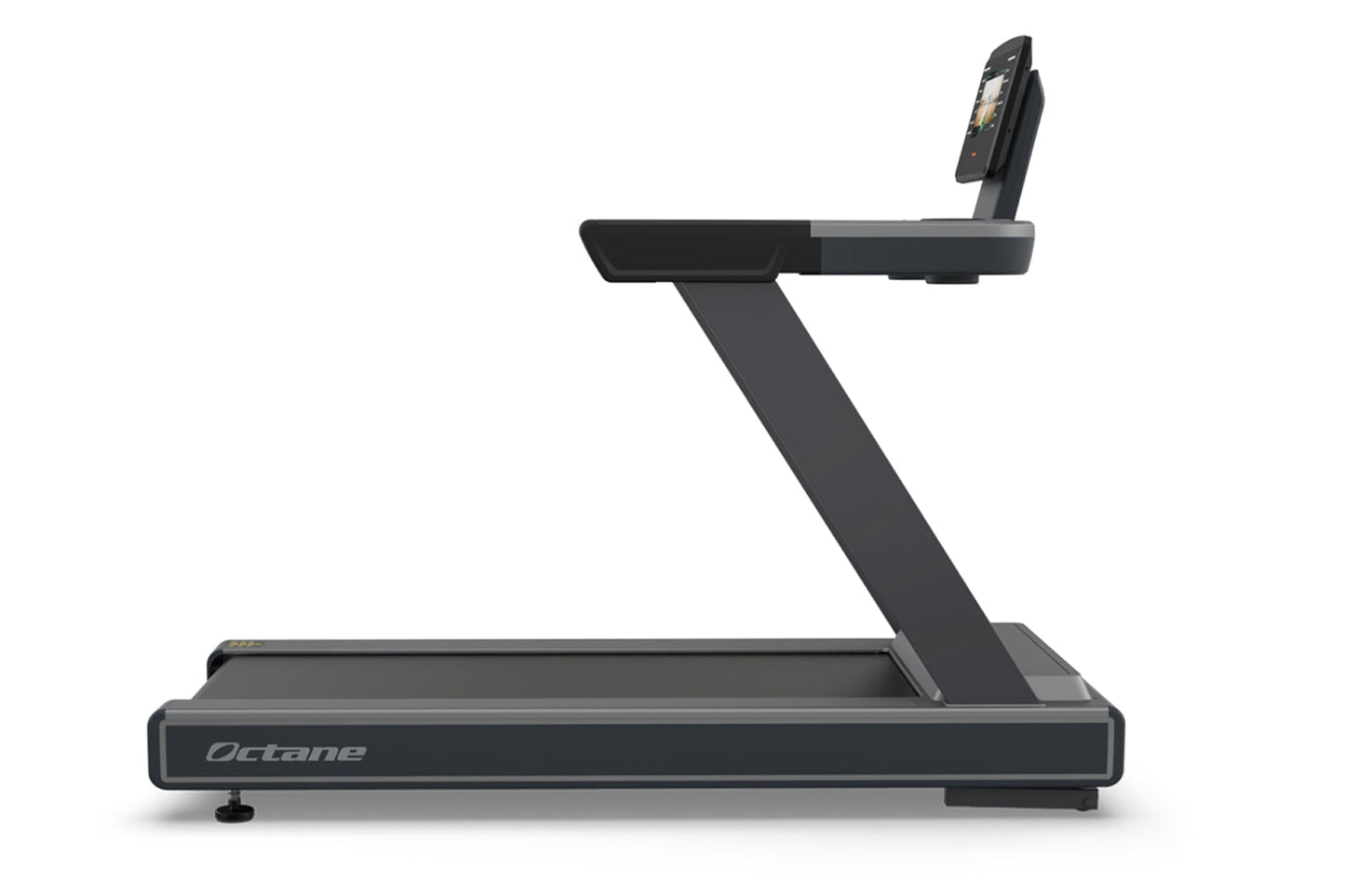 Octane OC100 black treadmill with 10-inch touchscreen console on angled arm, front-facing view