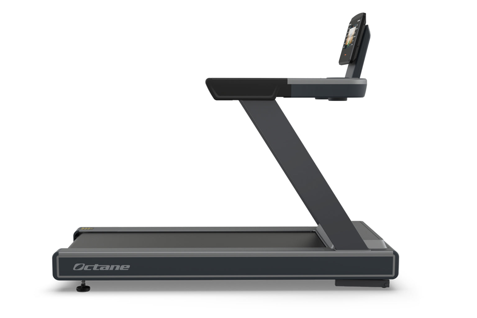 Octane OC100 black treadmill with 10-inch touchscreen console on angled arm, front-facing view