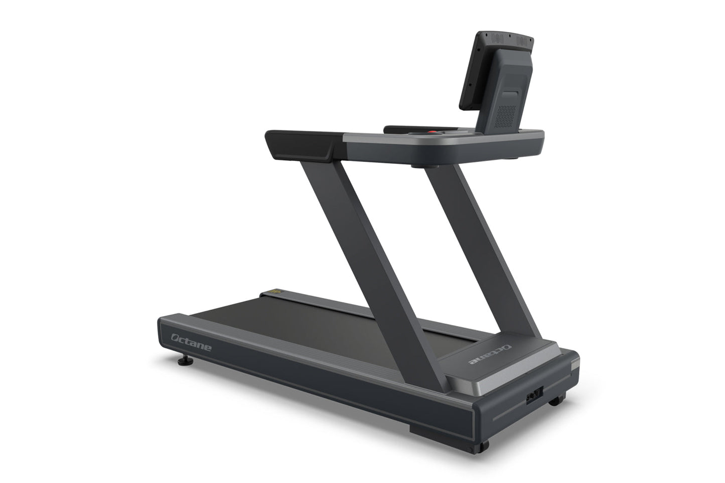 Octane OC100 black treadmill with angled frame, 10-inch touchscreen console mounted on top, on white background