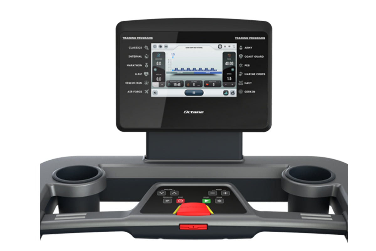 Octane OC100 treadmill with 10-inch black touchscreen console displaying fitness metrics and training programs, front view on