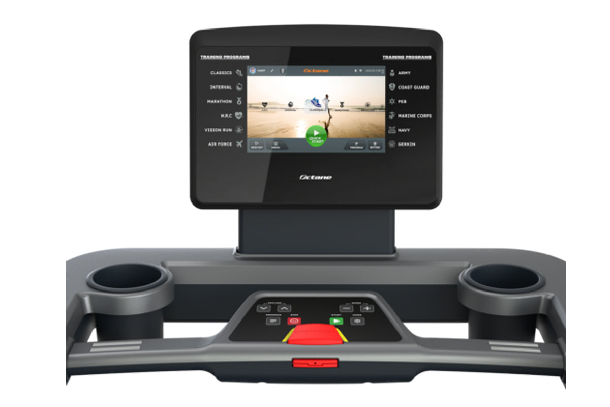Octane OC100 treadmill with 10-inch black touchscreen console displaying fitness video, gray and black frame with dual cup ho