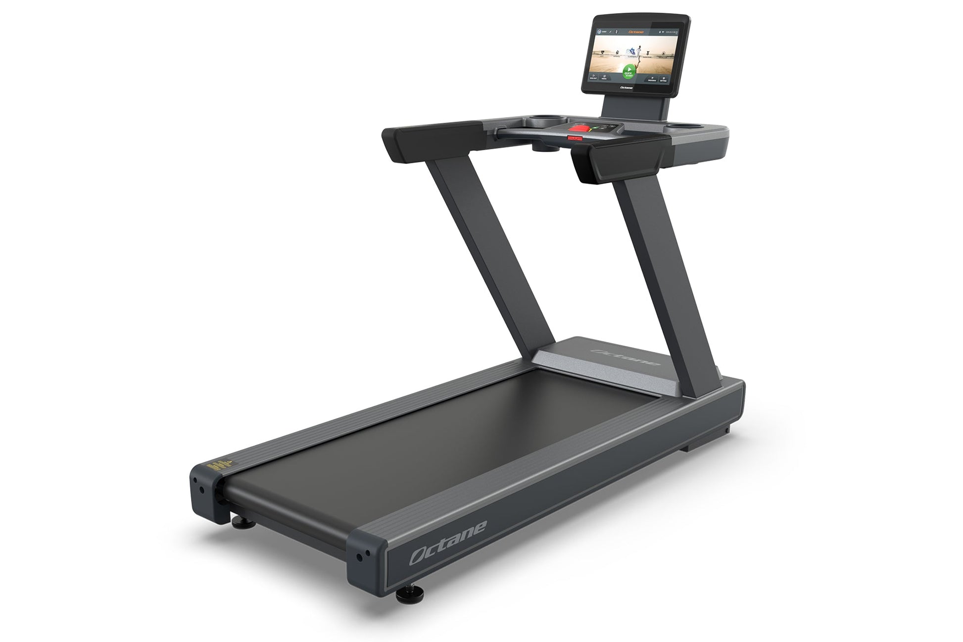 Black Octane OC160 treadmill with gray accents, wide running deck, dual uprights, and 16-inch touchscreen console displaying 