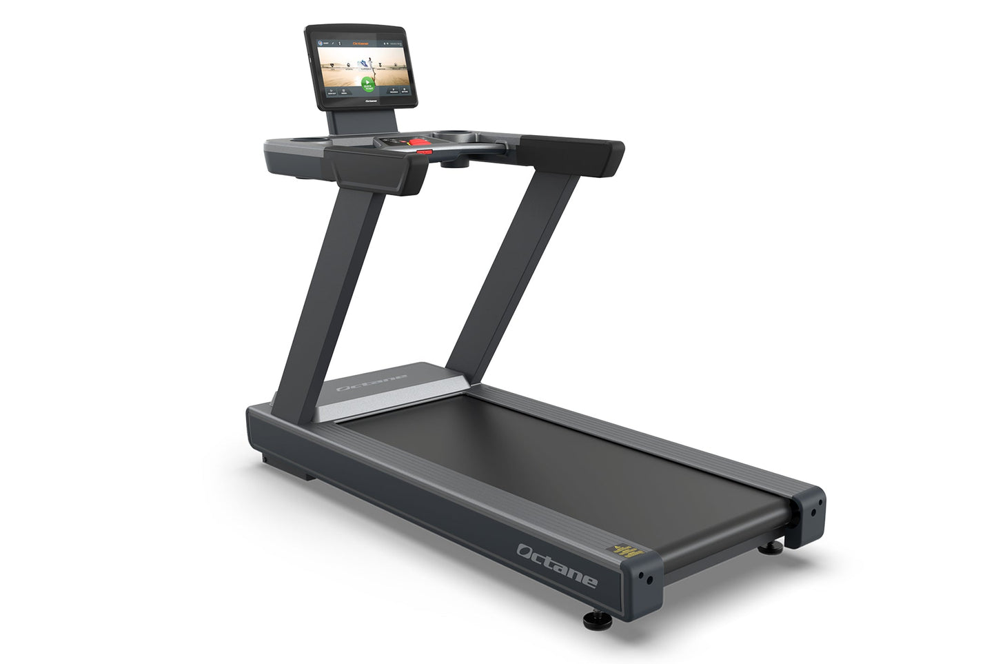 Octane OC160 treadmill with black frame, gray running belt, and 16-inch touchscreen console mounted on Z-shaped support beam