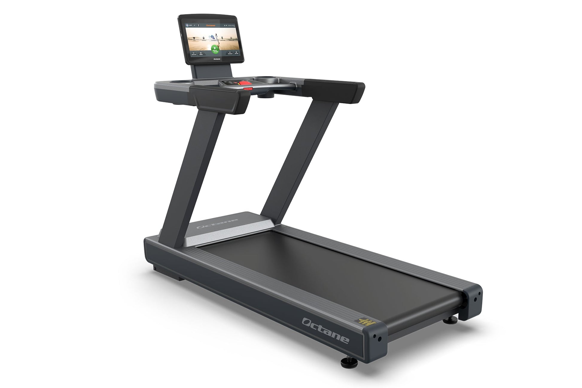 Octane OC160 treadmill with black frame, gray running belt, and 16-inch touchscreen console mounted on Z-shaped support beam