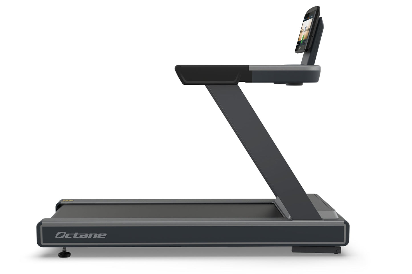Octane OC160 treadmill with 16-inch touch console and phone holder, dark gray and black, on white background