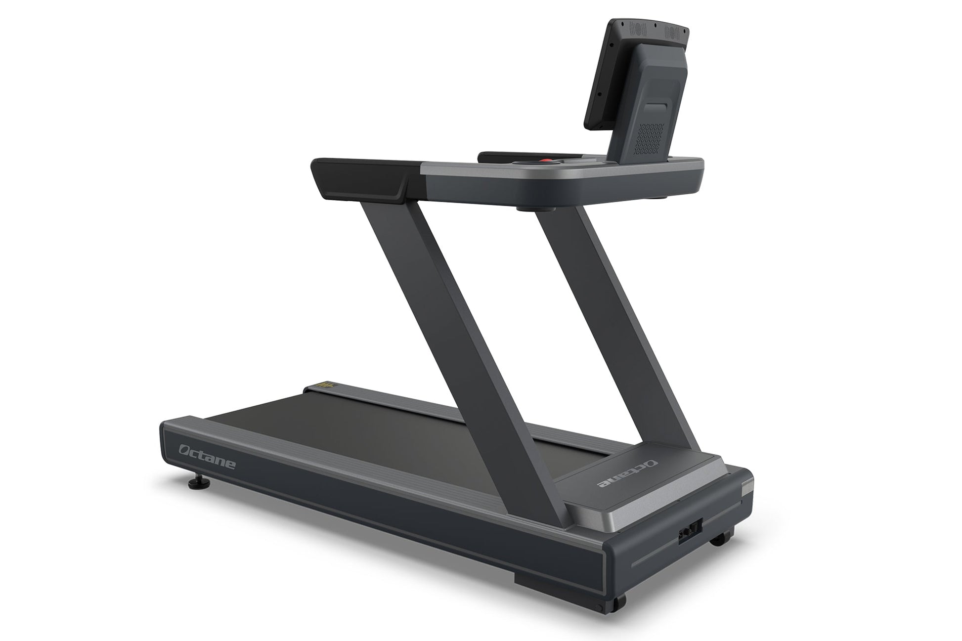 Octane OC160 black treadmill with 16-inch touch console mounted on angled frame, shown on white background