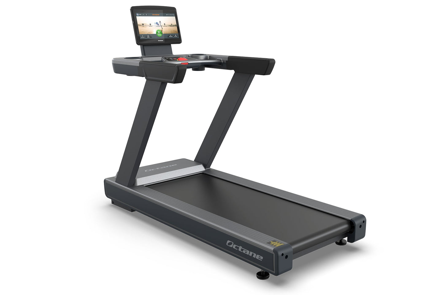 Octane OC160 black treadmill with 16-inch touch console display mounted on frame, shown on white background