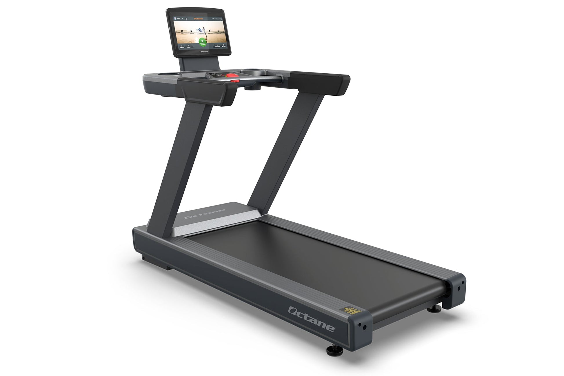 Octane OC160 black treadmill with 16-inch touch console display mounted on frame, shown on white background