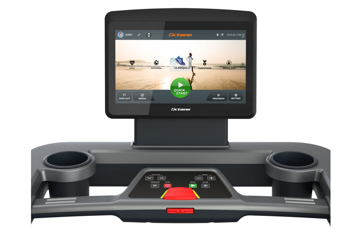 Octane OC160 treadmill with 16-inch black touchscreen console displaying fitness interface, dual cup holders, and red safety 