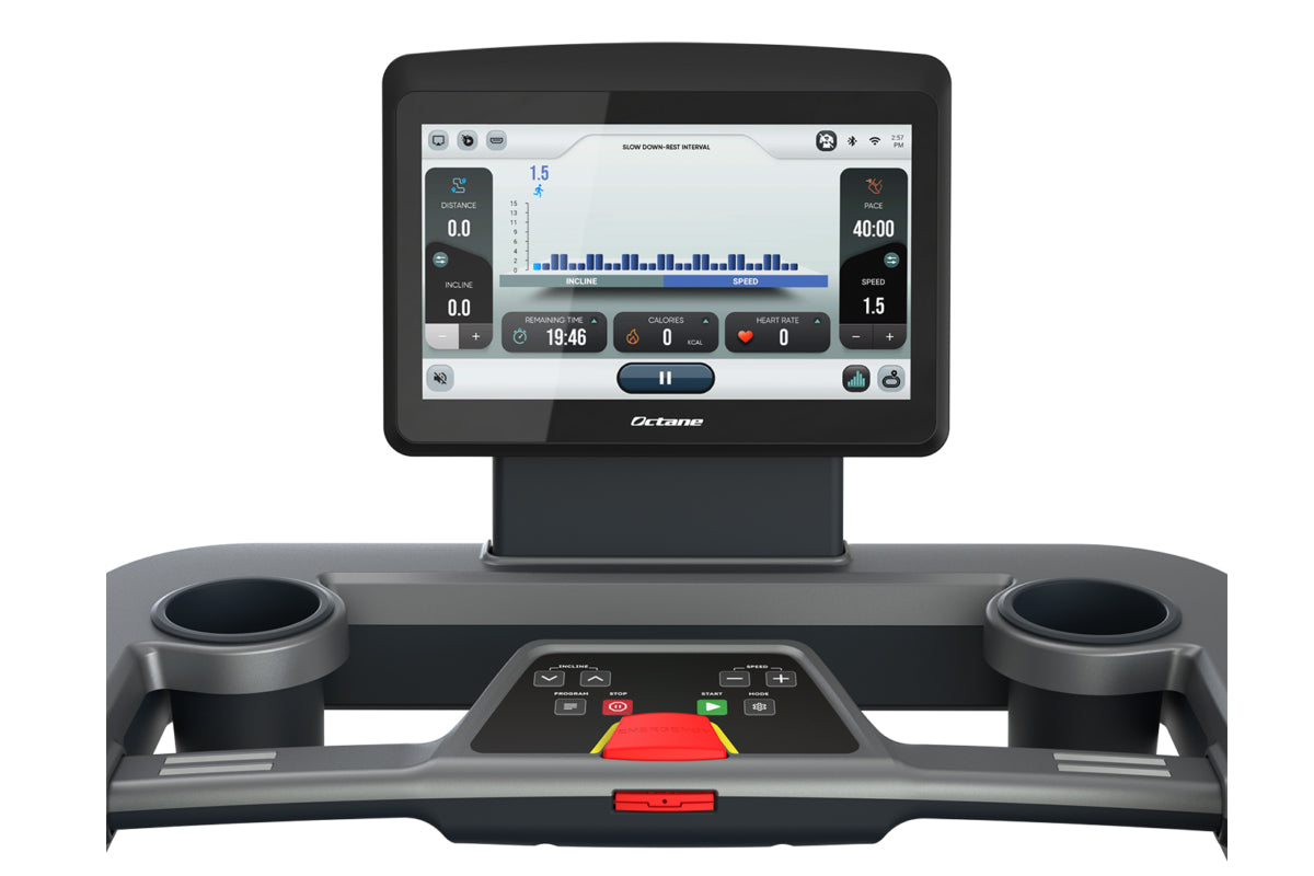 Octane OC160 treadmill with 16-inch black touchscreen console displaying workout metrics, showing distance, pace, heart rate,