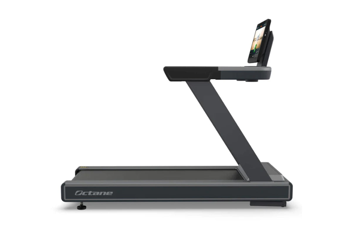 Octane OC220 dark gray treadmill with integrated smartphone holder on angled arm, on white background