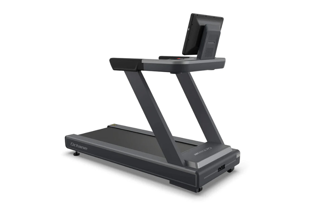 Black Octane OC220 treadmill with angled frame, digital display console, and tablet holder on white background
