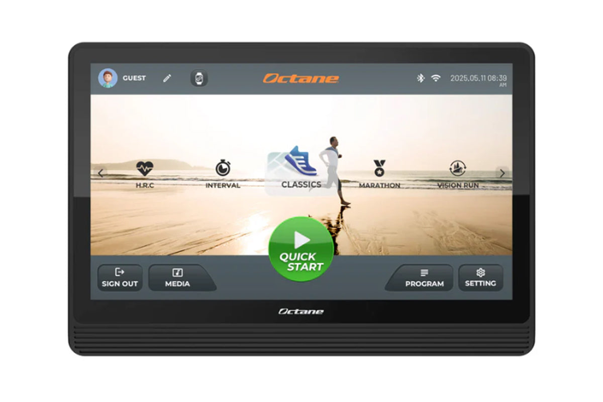 Octane OC220 treadmill display screen showing fitness app interface with running categories and quick start button