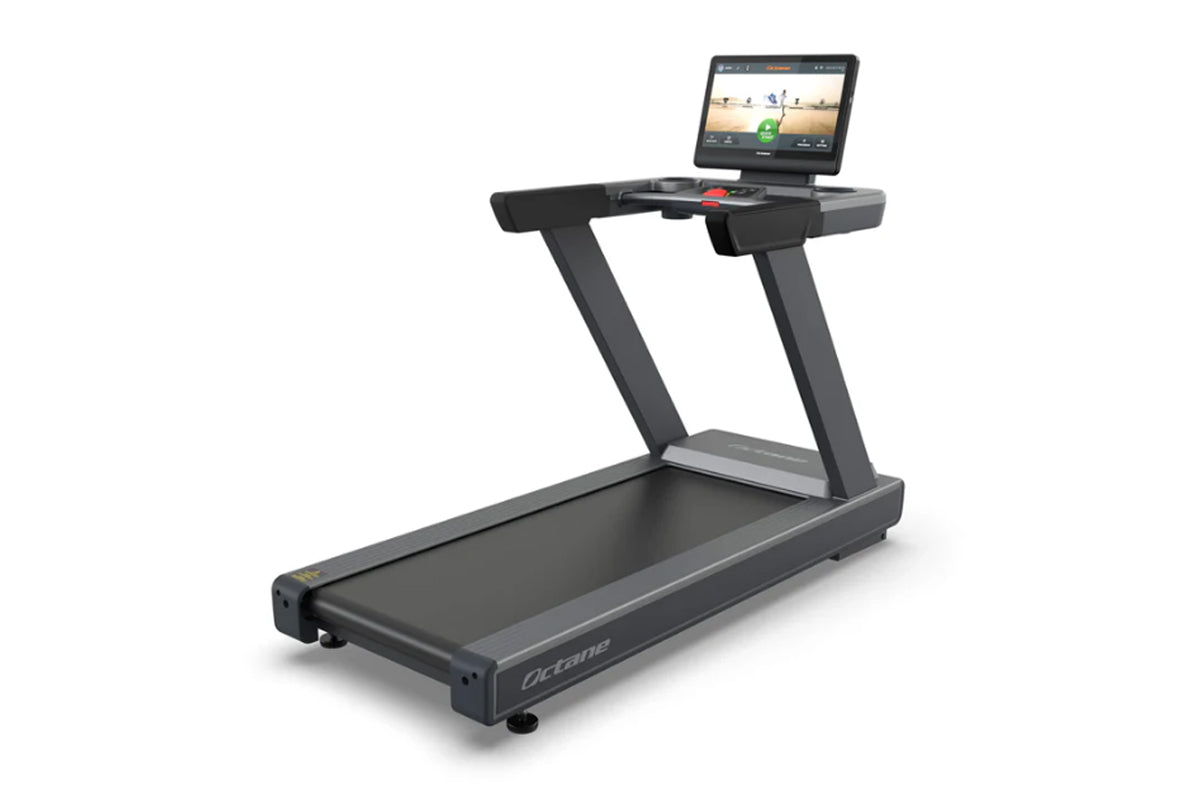Black and gray Octane OC220 treadmill with digital display console showing workout interface, on white background