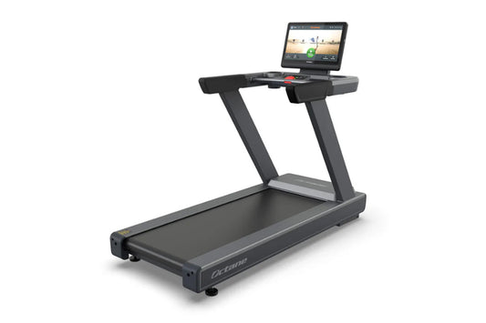 Black and gray Octane OC220 treadmill with digital display console showing workout interface, on white background