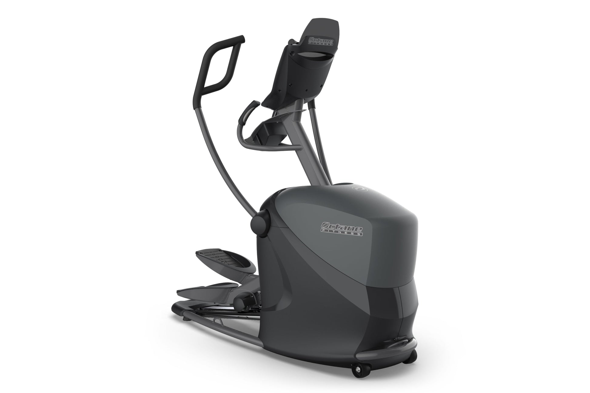 Black and gray home elliptical machine with padded seat, dual handles, foot pedals, and digital display console on white back