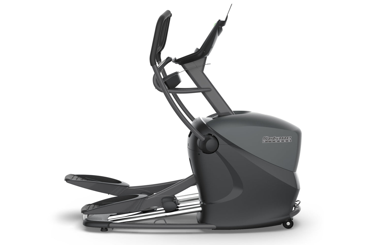 Black Octane Q37xi elliptical machine with curved footpads, handlebar grips, and digital console on white background