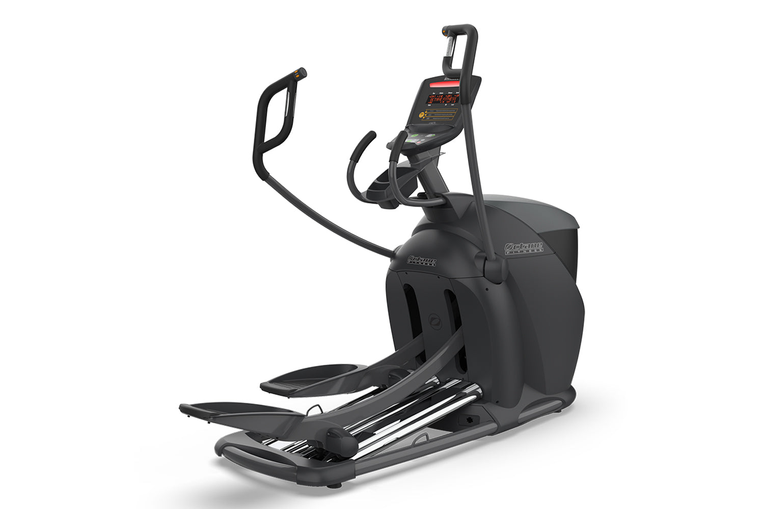Black elliptical machine with digital console, curved handles, and wide footplate on white background