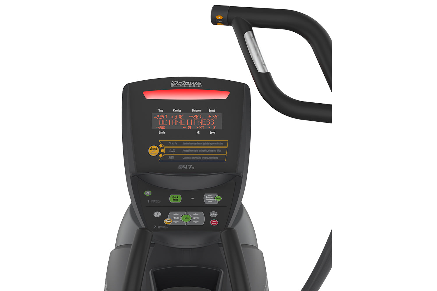 Octane Q47x black and gray home elliptical machine with digital display console showing workout metrics and black handlebar o