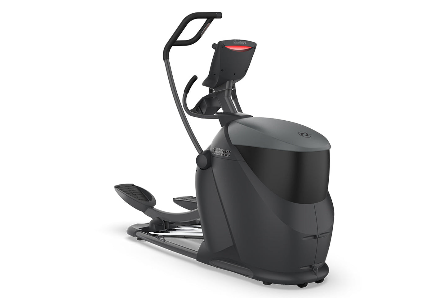 Black Octane Q47x elliptical machine with digital display and foot pedals on white background