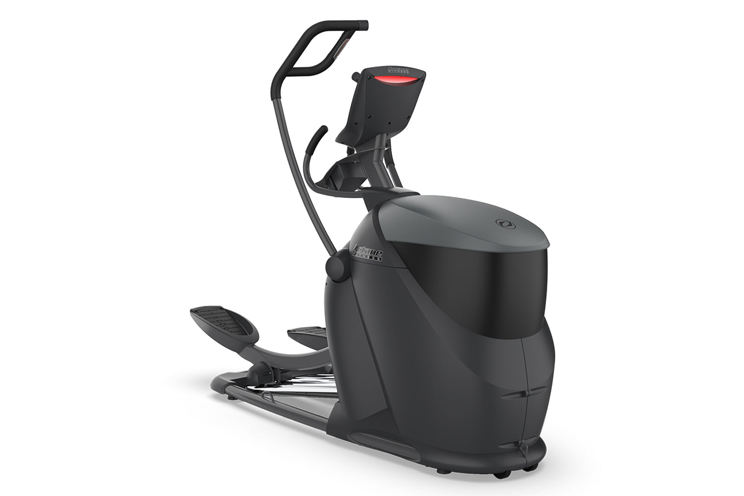 Black Octane Q47x elliptical machine with digital display and foot pedals on white background