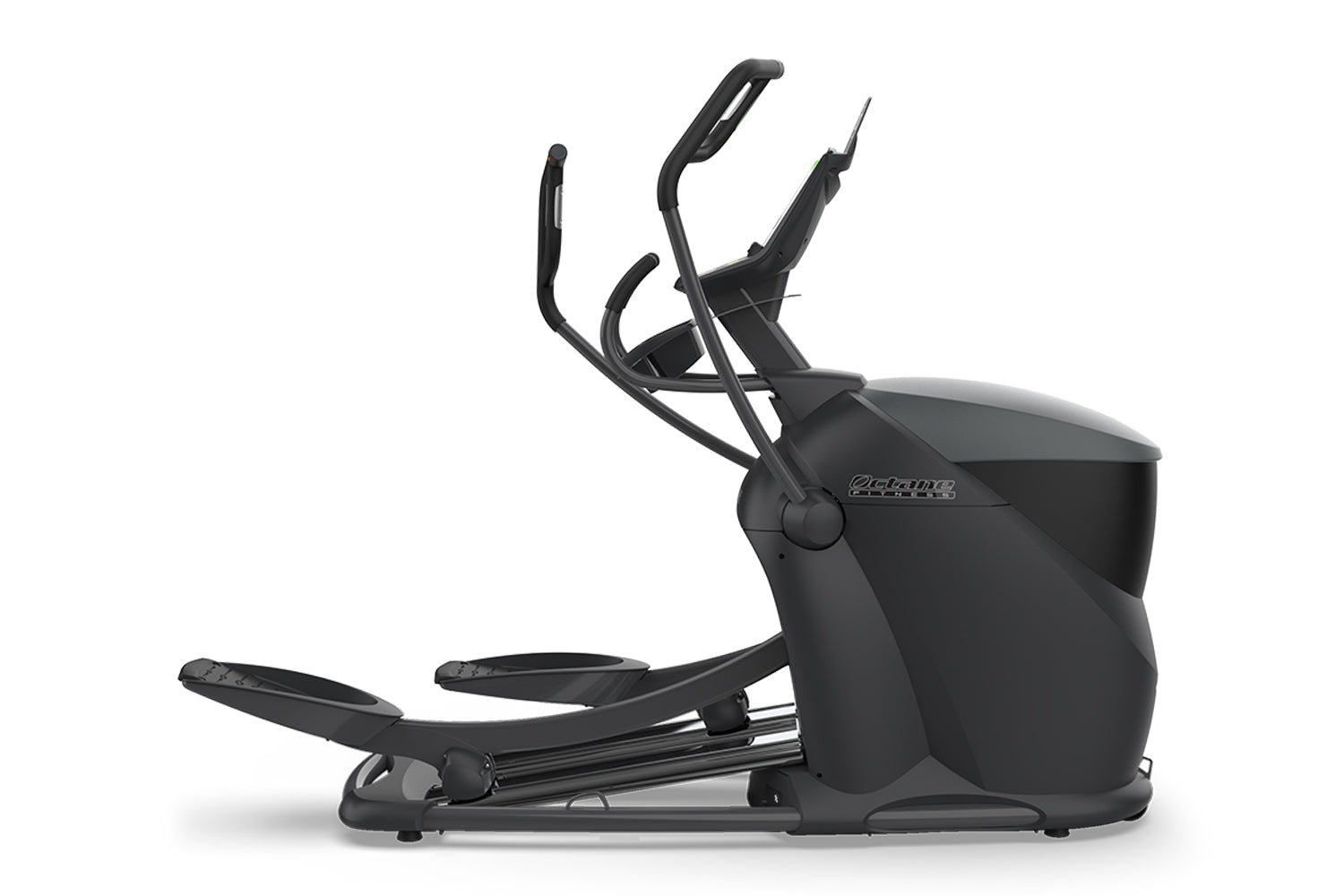 Black Octane Q47xi home elliptical with dual handlebars and extended footpedals on white background