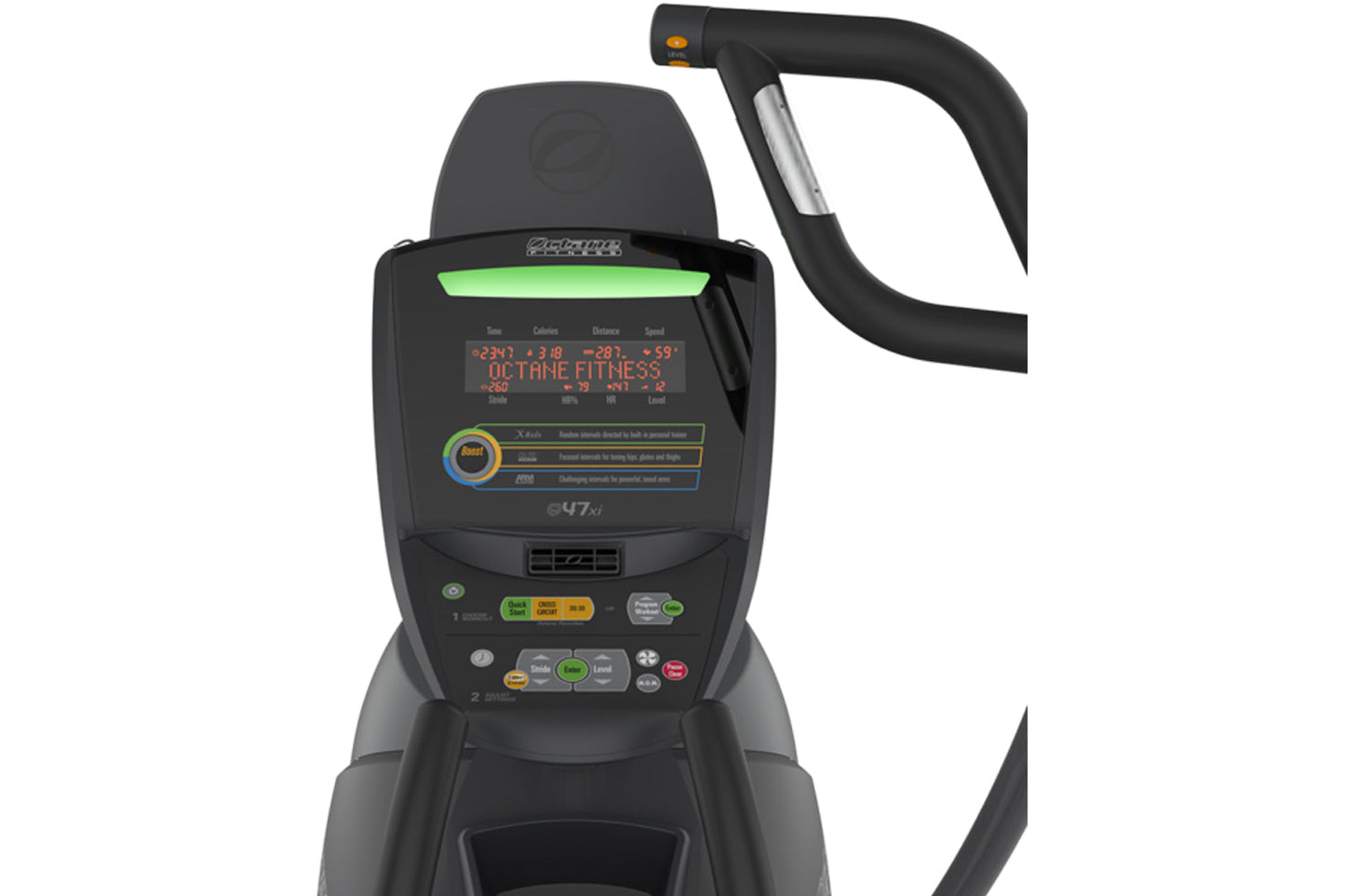 Octane Q47xi elliptical machine with black frame, digital display showing fitness metrics, and ergonomic black handles with s