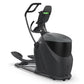 Black Octane Q47xi elliptical machine with digital display, handle bars, and foot pedals on white background