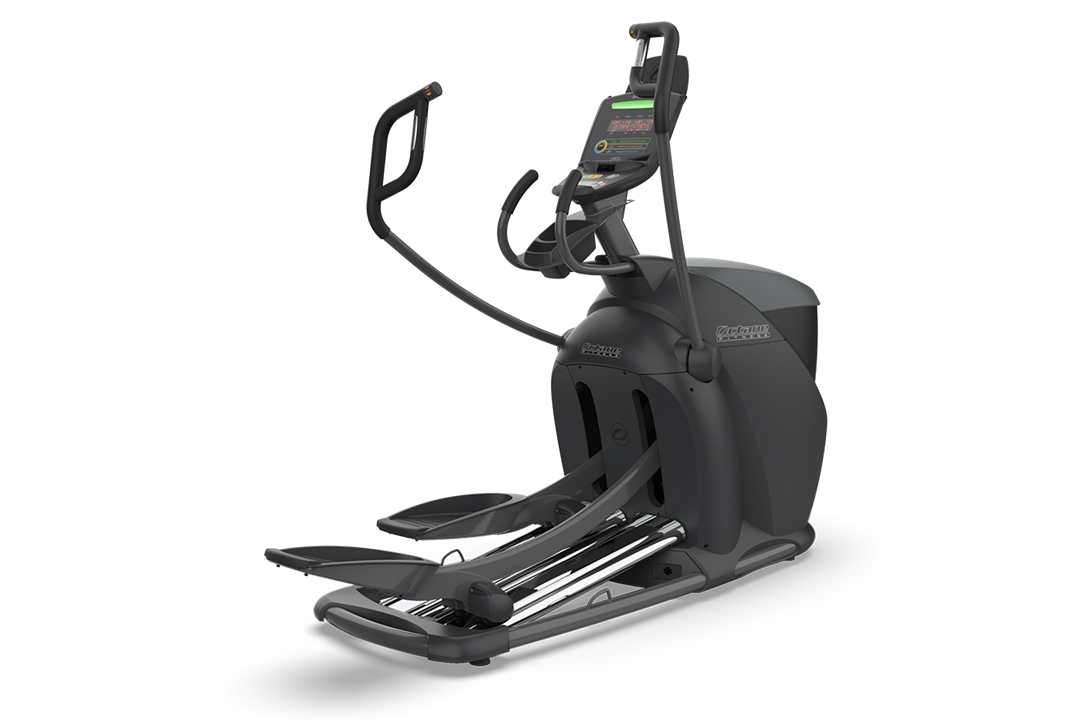 Black Octane Q47xi elliptical machine with dual handles, digital console, and wide foot pedals on white background