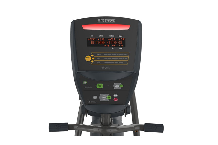 Octane xRide xR6x recumbent elliptical with black frame, digital display showing fitness metrics, and green control buttons o