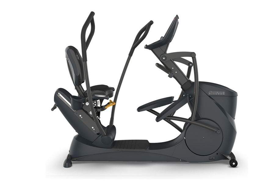 Black recumbent elliptical machine with dual handles and foot pedals, displayed on white background