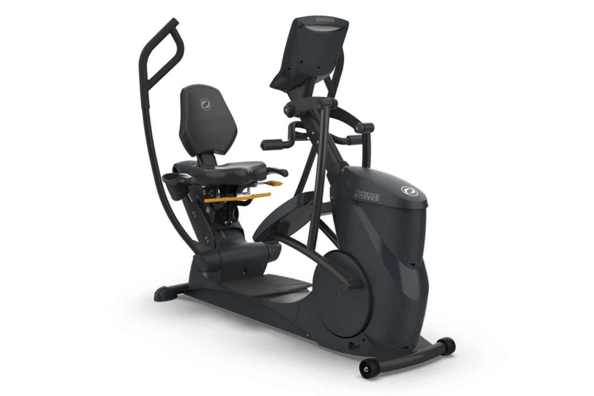 Black Octane xRide xR6x recumbent elliptical with padded seat, backrest, dual handles, and digital display on white backgroun