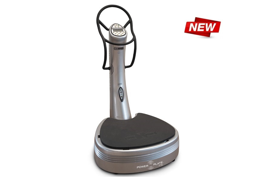 Silver and black Power Plate Pro5 vibration plate with handlebar, displayed on white background