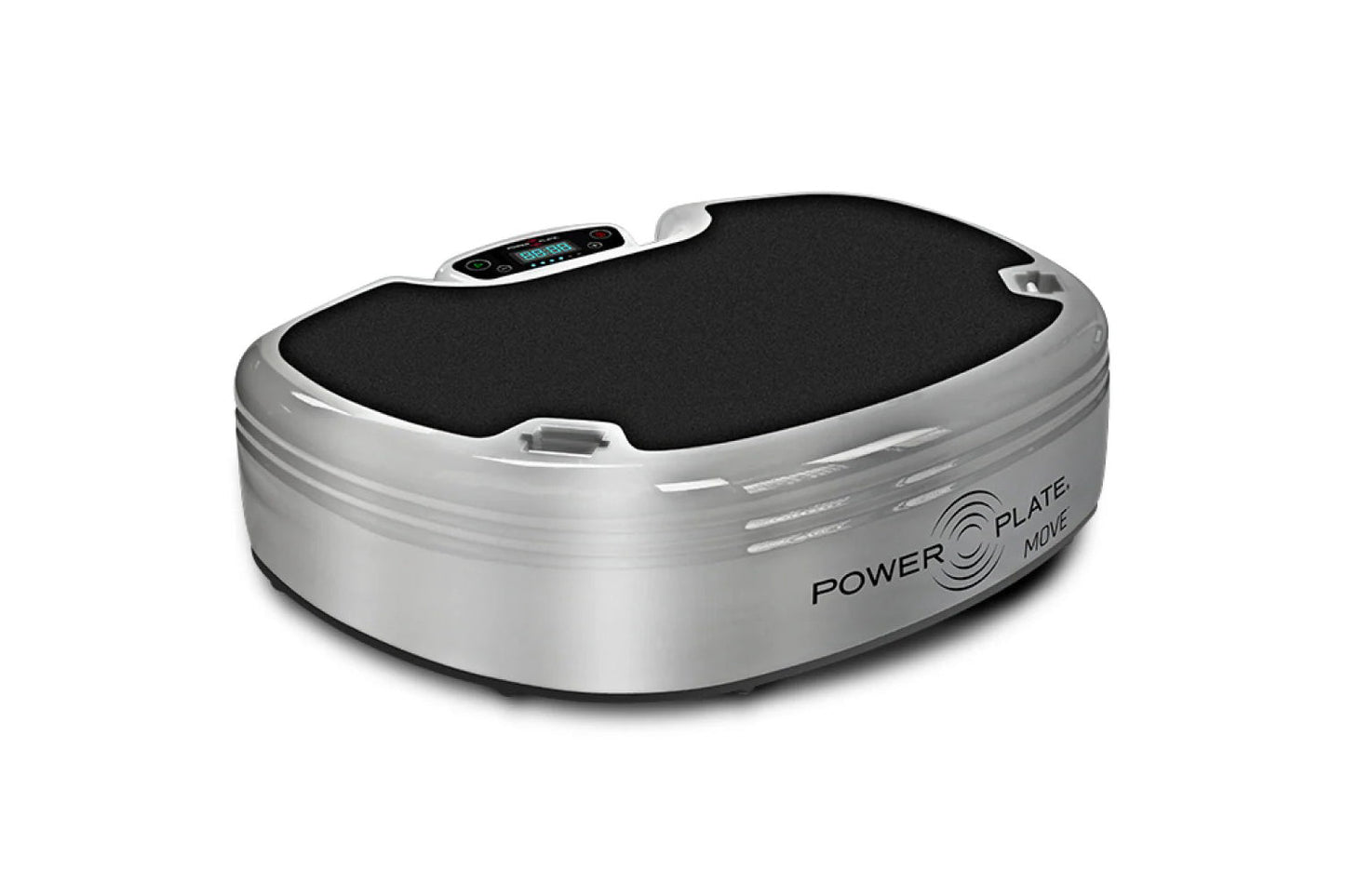 Power Plate MOVE vibration trainer with silver base, black platform surface, and digital control panel on white background