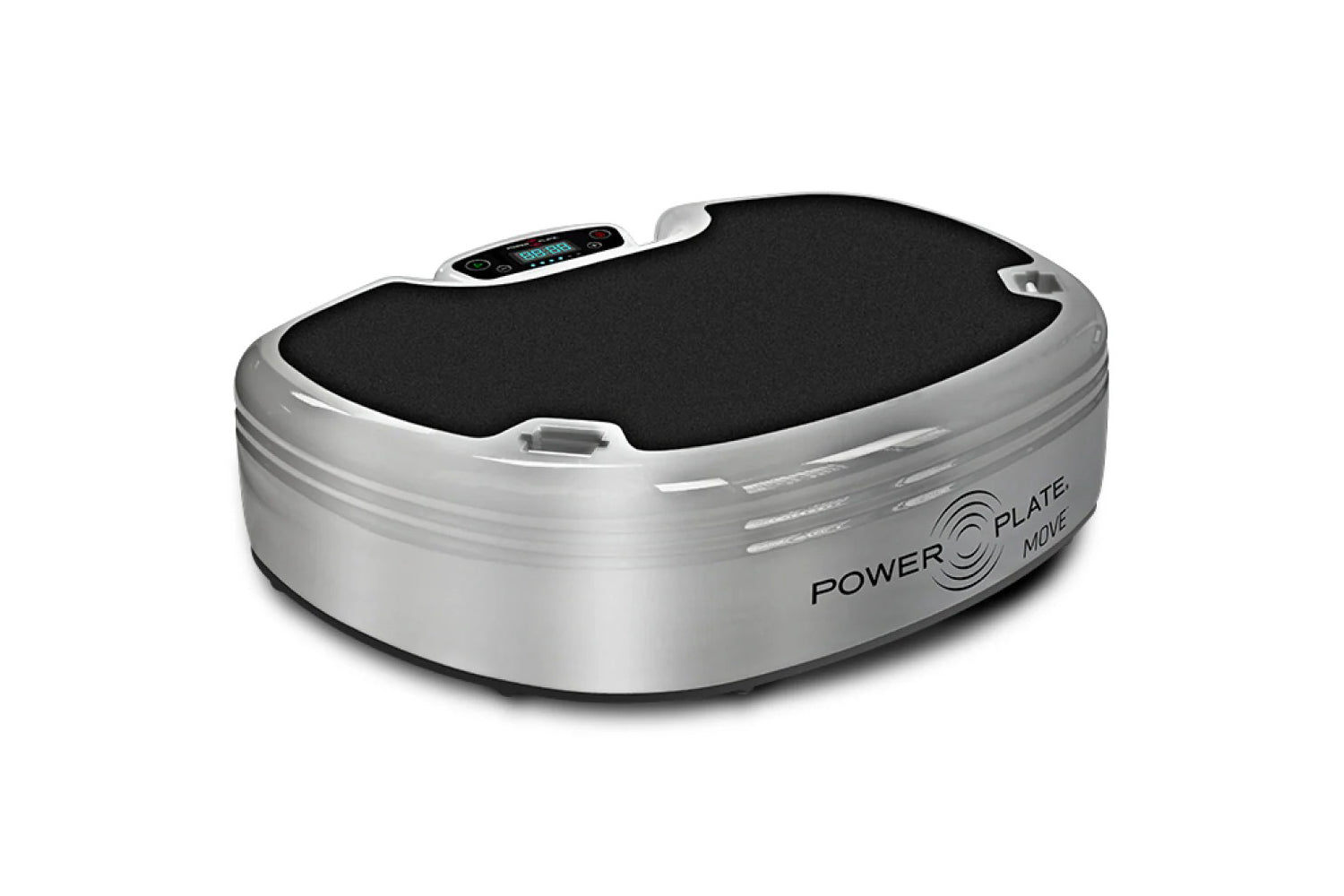 Power Plate MOVE vibration trainer with silver base, black platform surface, and digital control panel on white background