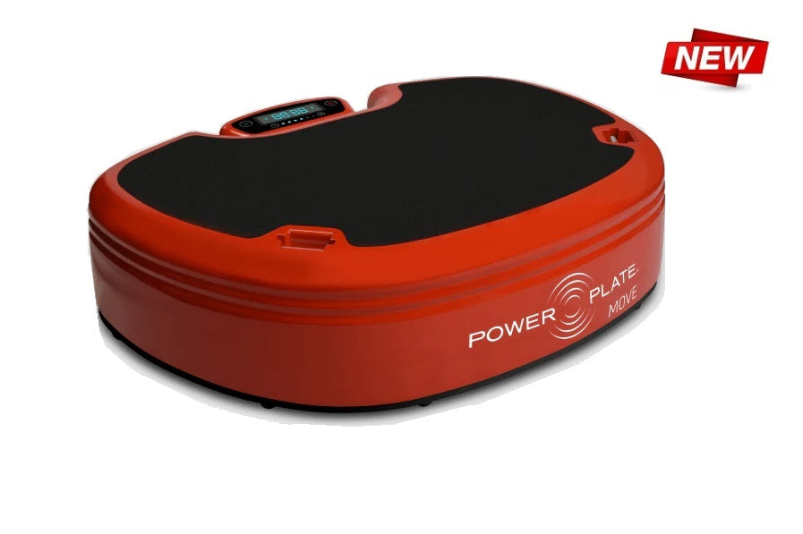 Power Plate MOVE red vibration trainer with black top surface and digital display, angled view on white background