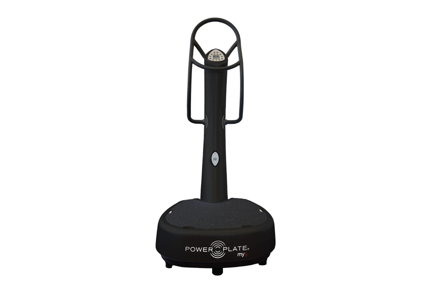 Power Plate My5 black vibration training machine with circular platform base and vertical handle on white background