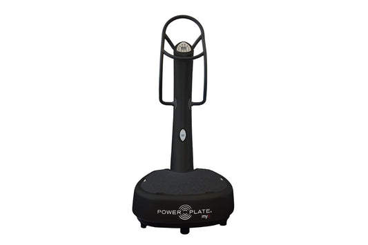 Power Plate My5 black vibration training machine with circular platform base and vertical handle on white background