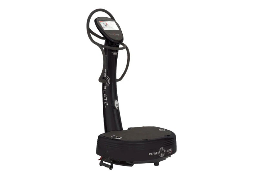 Black Power Plate My7 vibration plate trainer with digital display screen and curved handle bars on white background