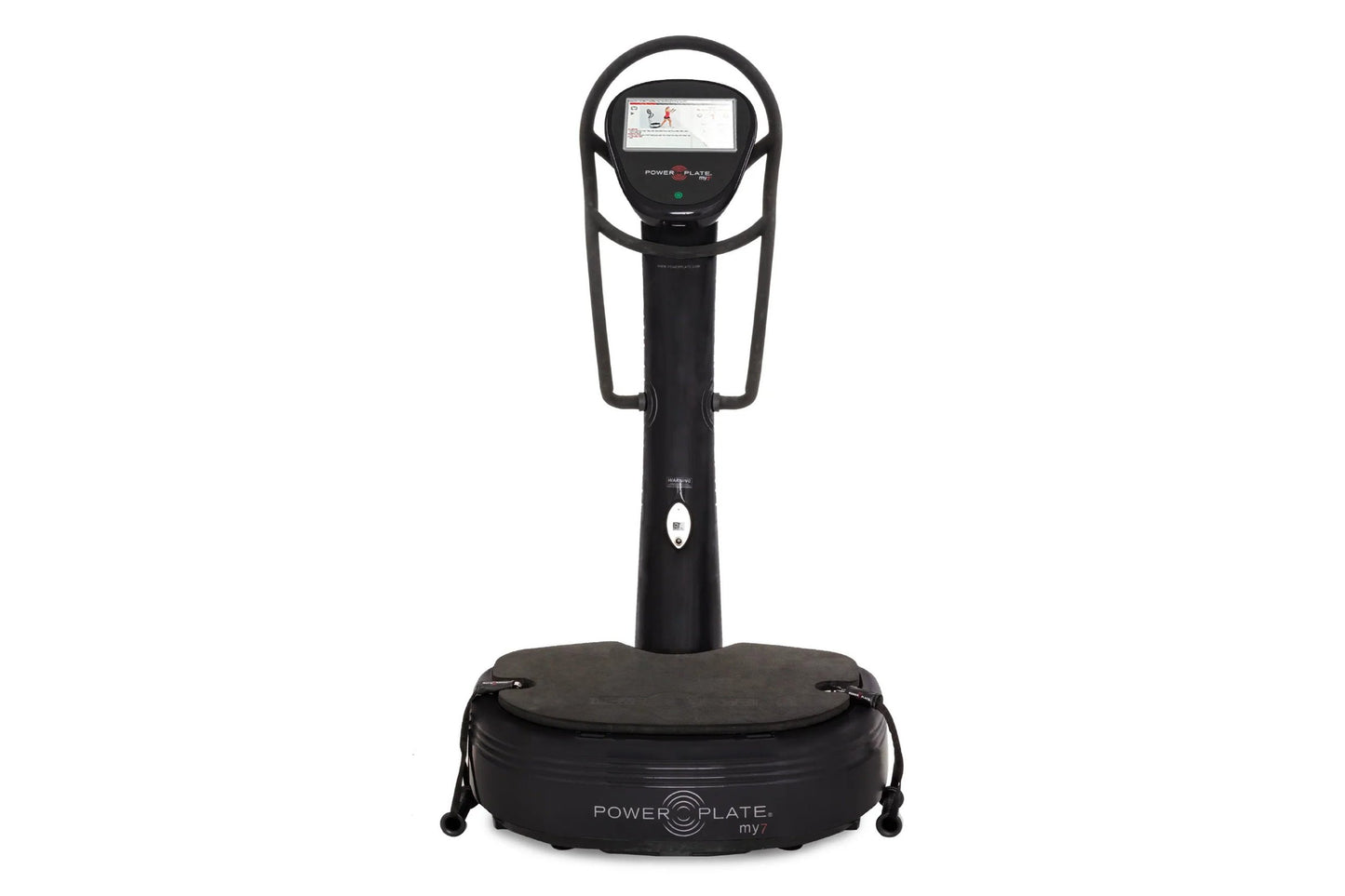 Black Power Plate My7 vibration trainer with digital display screen and handle bars, on white background